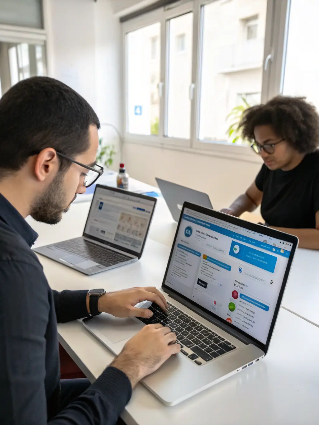 An image depicting a team collaboratively managing social media accounts on various devices, illustrating MGK Digital's social media management expertise.
