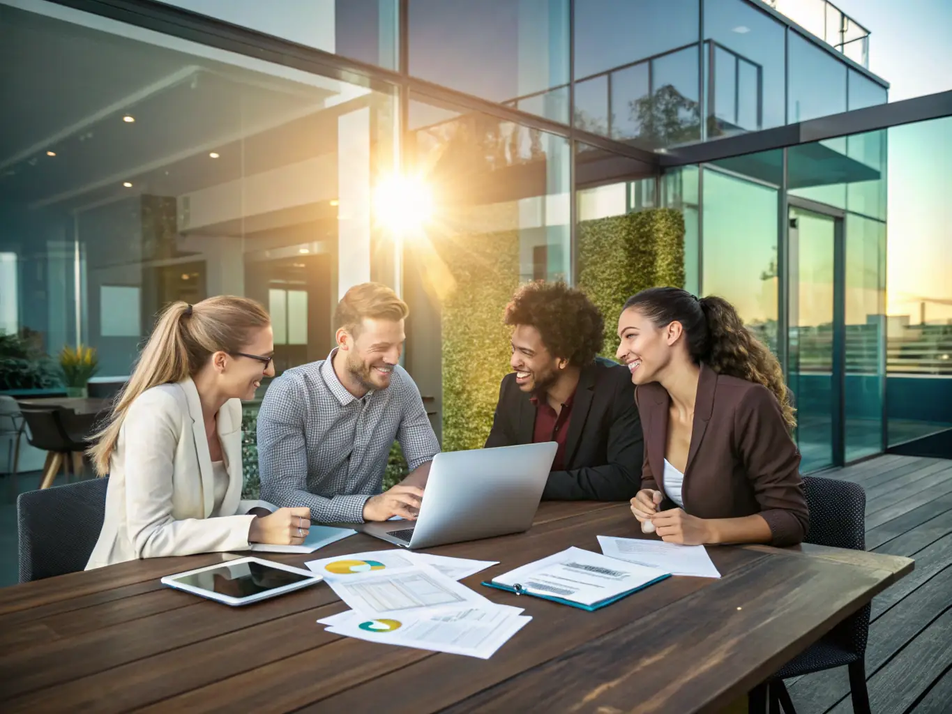 A vibrant image showcasing a diverse team of digital marketing experts collaborating in a modern office setting, brainstorming innovative strategies for a client's campaign. The scene should convey creativity, teamwork, and a focus on achieving measurable results.
